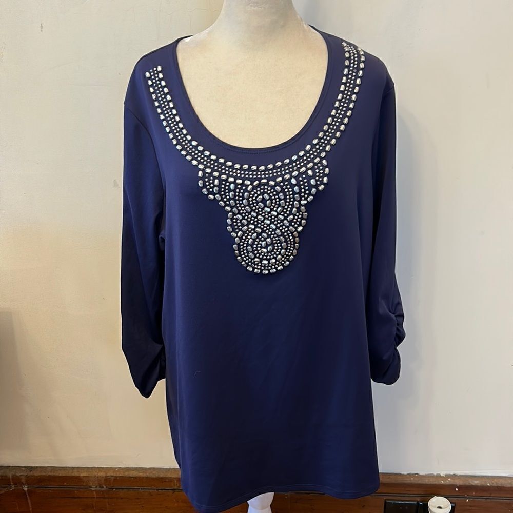 Susan Graver navy blue silver beaded gathered long sleeve blouse Size 1 X EUC